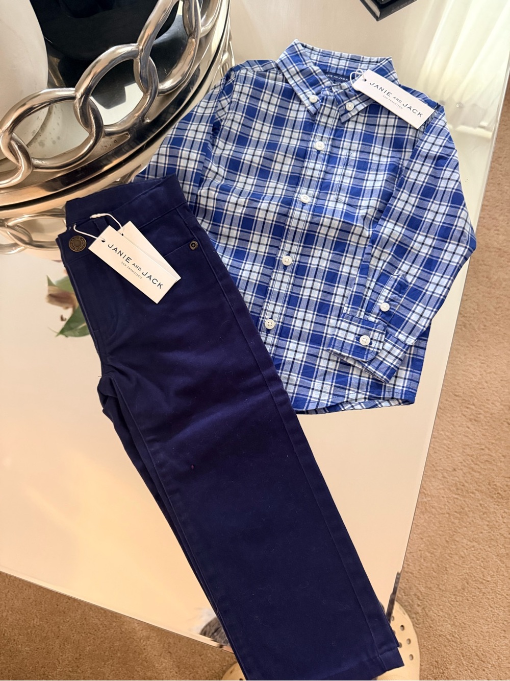 Janie and Jack Blue Plaid Button-Down with Navy Pants